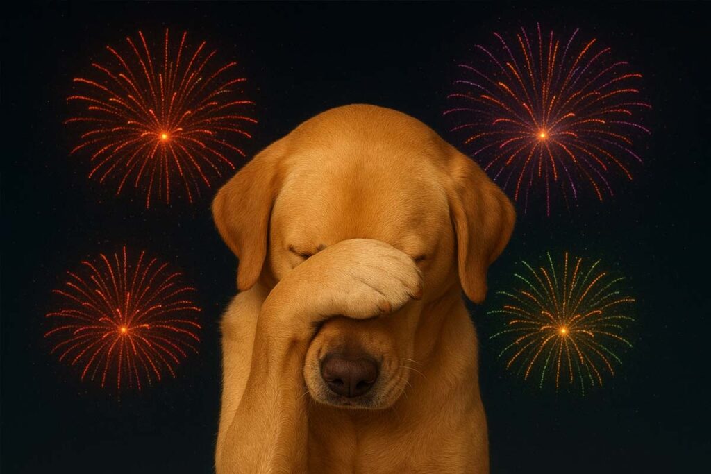 Labrador hiding his nose with fireworks in the background for article on How to Help Your Dog Calm During Firework Season