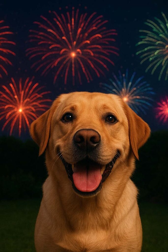 Happy, smiling Labrador with fireworks in the background for article on How to Help Your Dog Calm During Firework Season