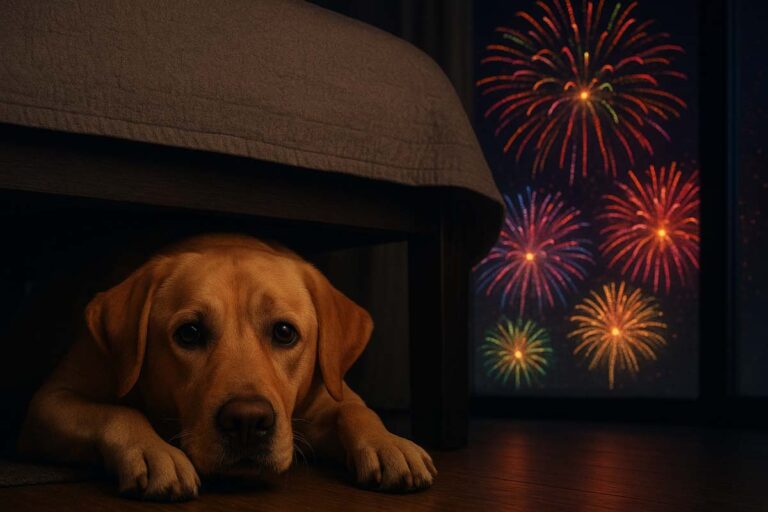 Scared Labrador hiding under a bed with fireworks in the background for article on How to Help Your Dog Calm During Firework Season