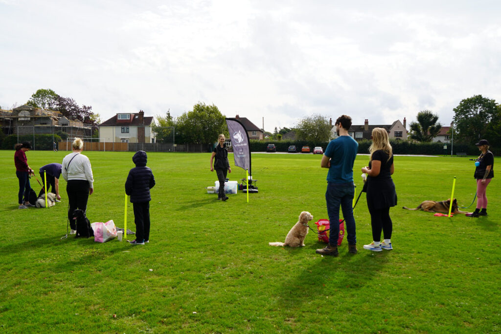 Photograph of Lisa from Nimbus Dogs teaching a recall dog training workshop in Ewell, Surrey