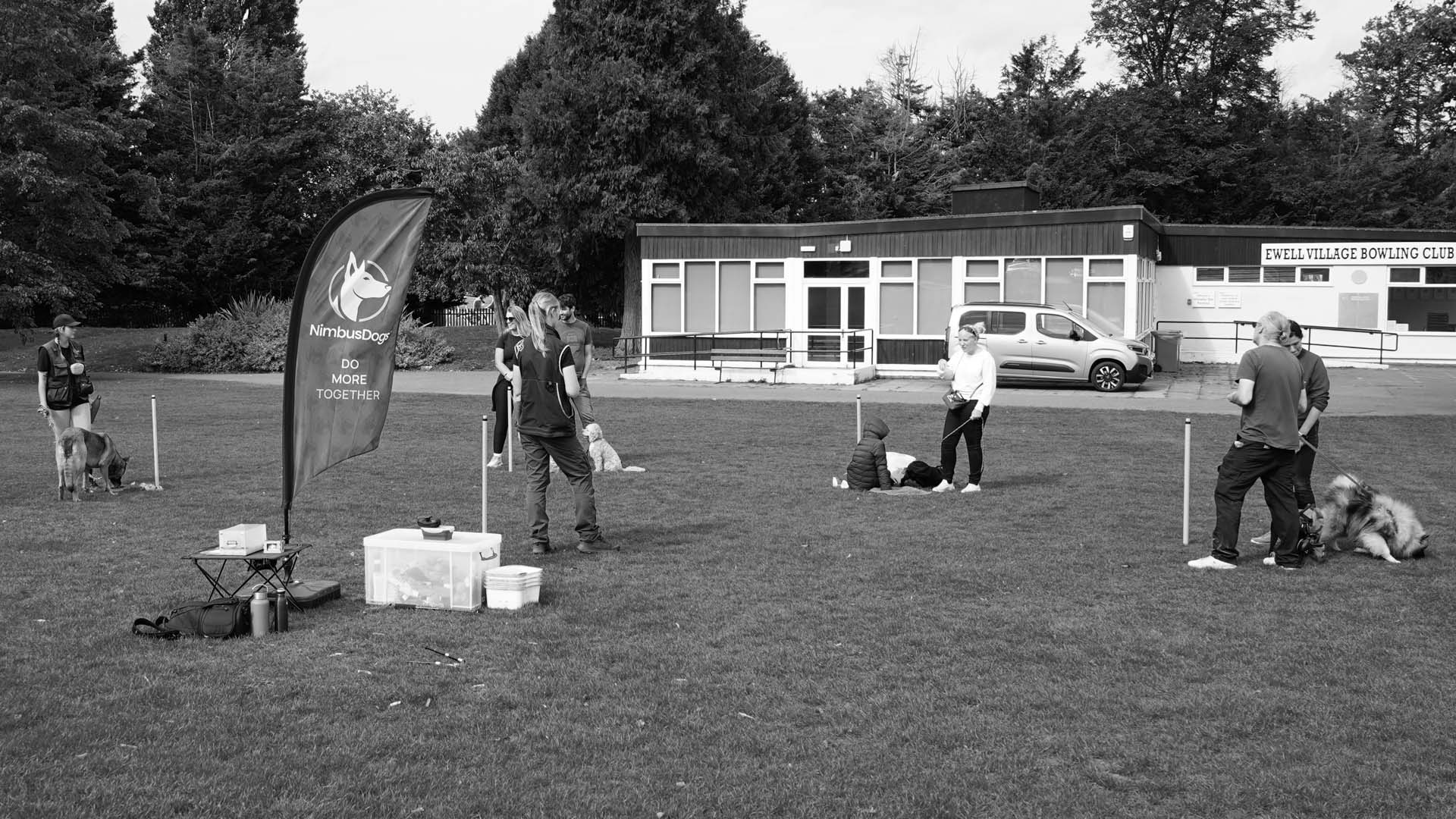 Photograph of a dog training class being taught outside by Lisa of Nimbus Dogs in Epsom