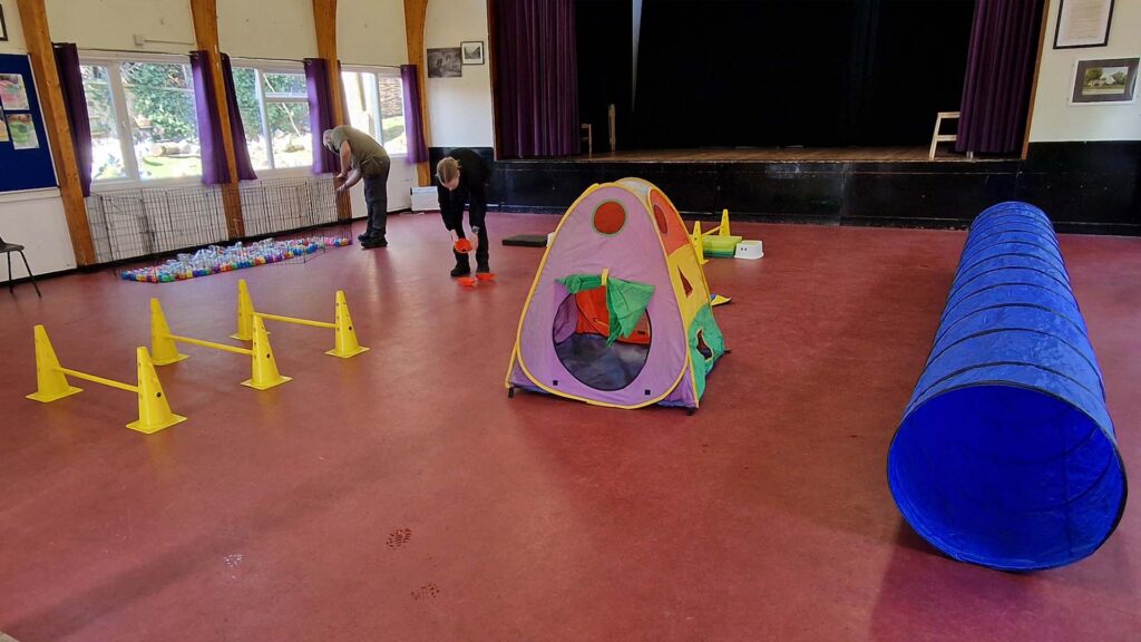 Photograph of the hall where Nimbus Dogs hold Puppy Socialisation Class. The hall is set up with different adventure activities for puppies to enjoy.